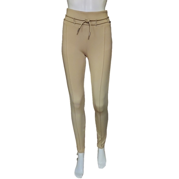 Maniere De Voir Tie Detail Neoprene Zip Ankle Pintucked Leggings In Beige - Picture 2 of 16